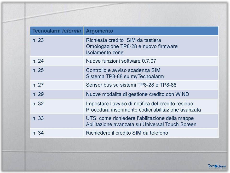 27 Sensor bus su sistemi TP8-28 e TP8-88 n. 29 Nuove modalità di gestione credito con WIND n.