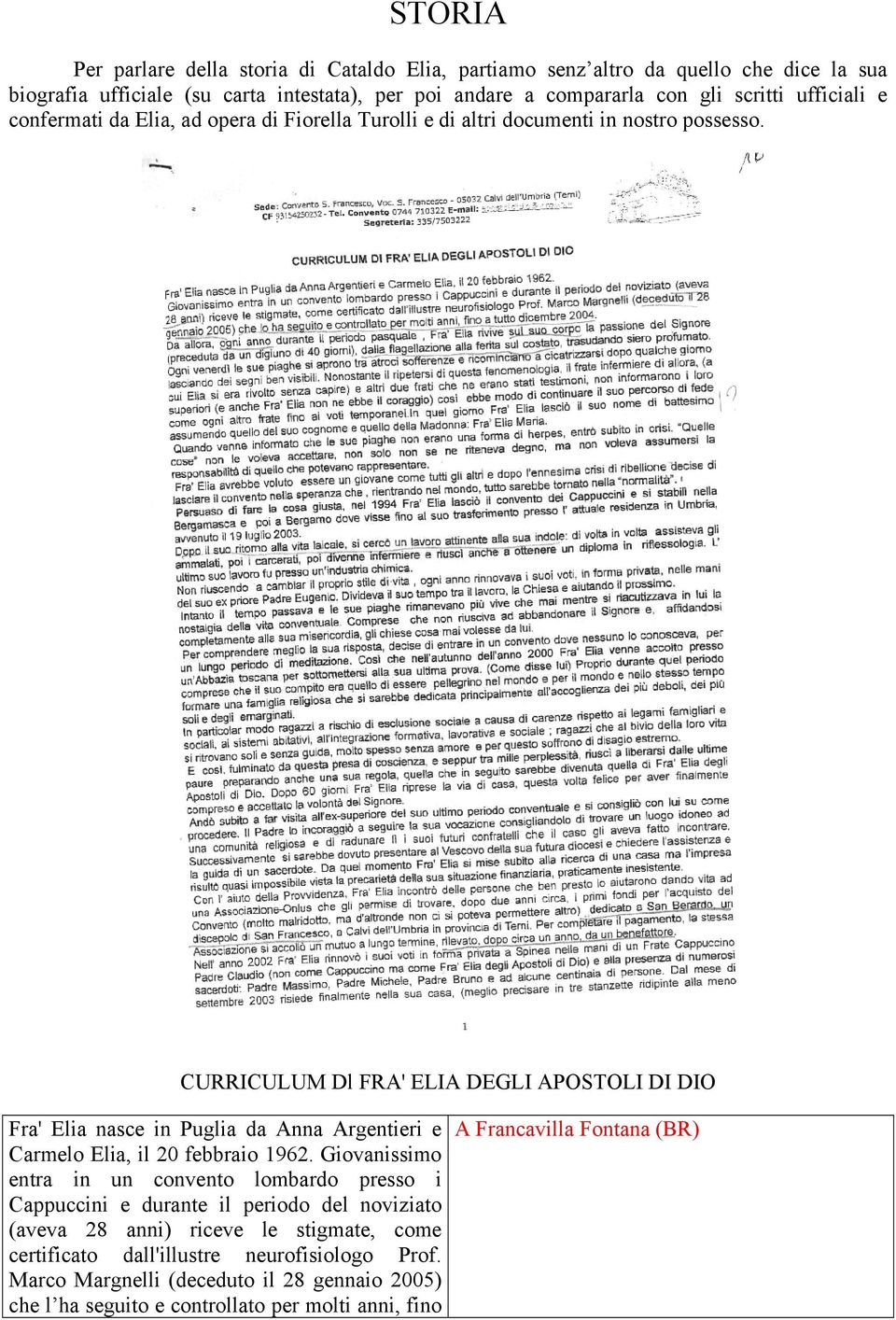 CURRICULUM Dl FRA' ELIA DEGLI APOSTOLI DI DIO Fra' Elia nasce in Puglia da Anna Argentieri e Carmelo Elia, il 20 febbraio 1962.