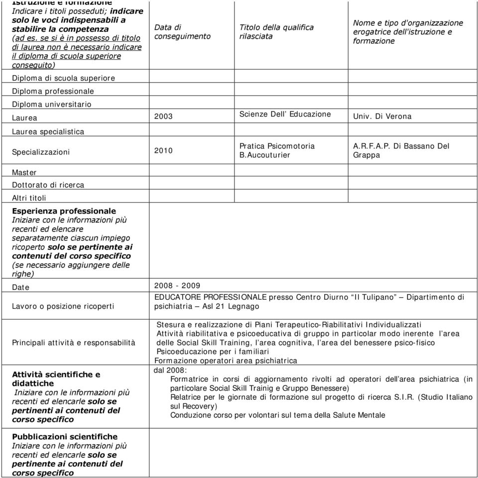 conseguimento Titolo della qualifica rilasciata Nome e tipo d'organizzazione erogatrice dell'istruzione e formazione Laurea 2003 Scienze Dell Educazione Univ.