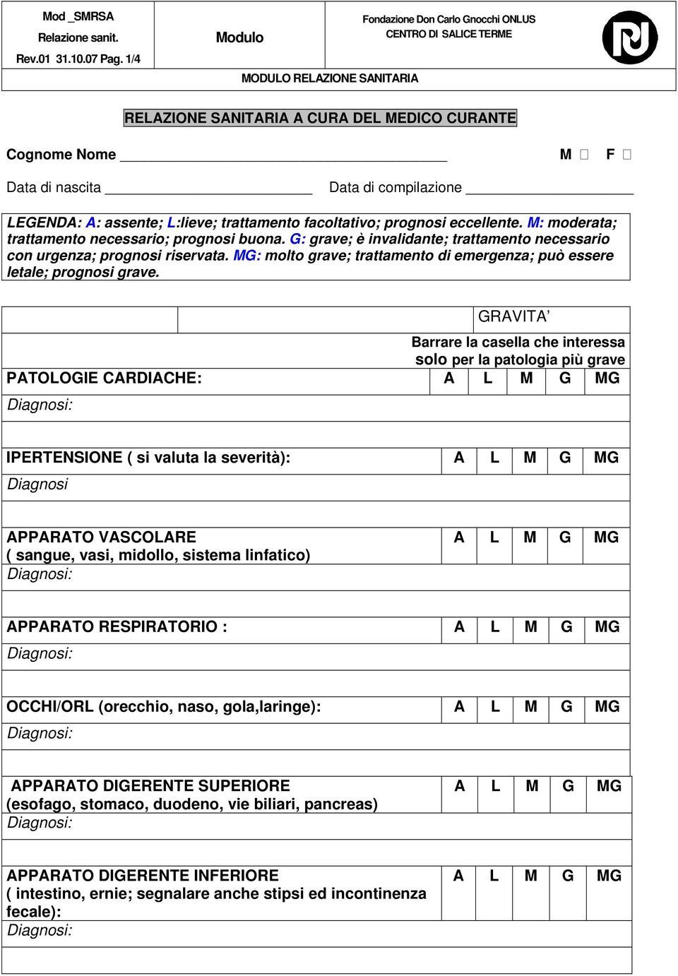 prognosi eccellente. M: moderata; trattamento necessario; prognosi buona. G: grave; è invalidante; trattamento necessario con urgenza; prognosi riservata.