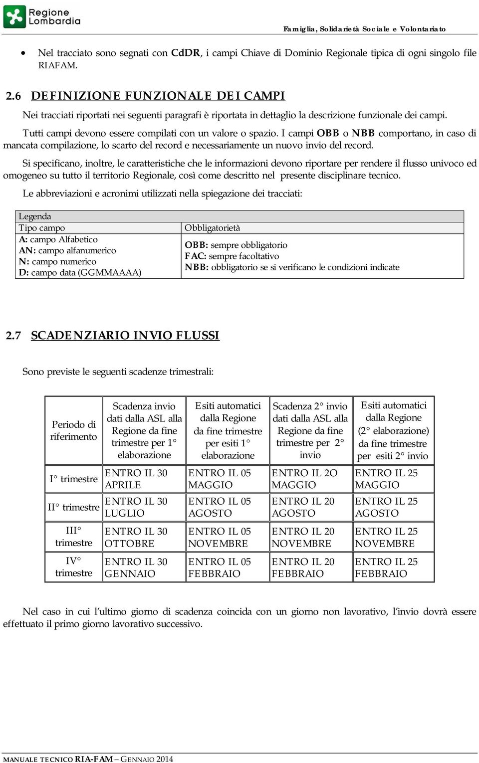 Tutti campi devono essere compilati con un valore o spazio. I campi OBB o NBB comportano, in caso di mancata compilazione, lo scarto del record e necessariamente un nuovo invio del record.