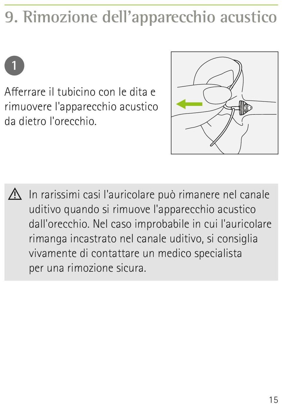 In rarissimi casi l'auricolare può rimanere nel canale uditivo quando si rimuove l'apparecchio acustico