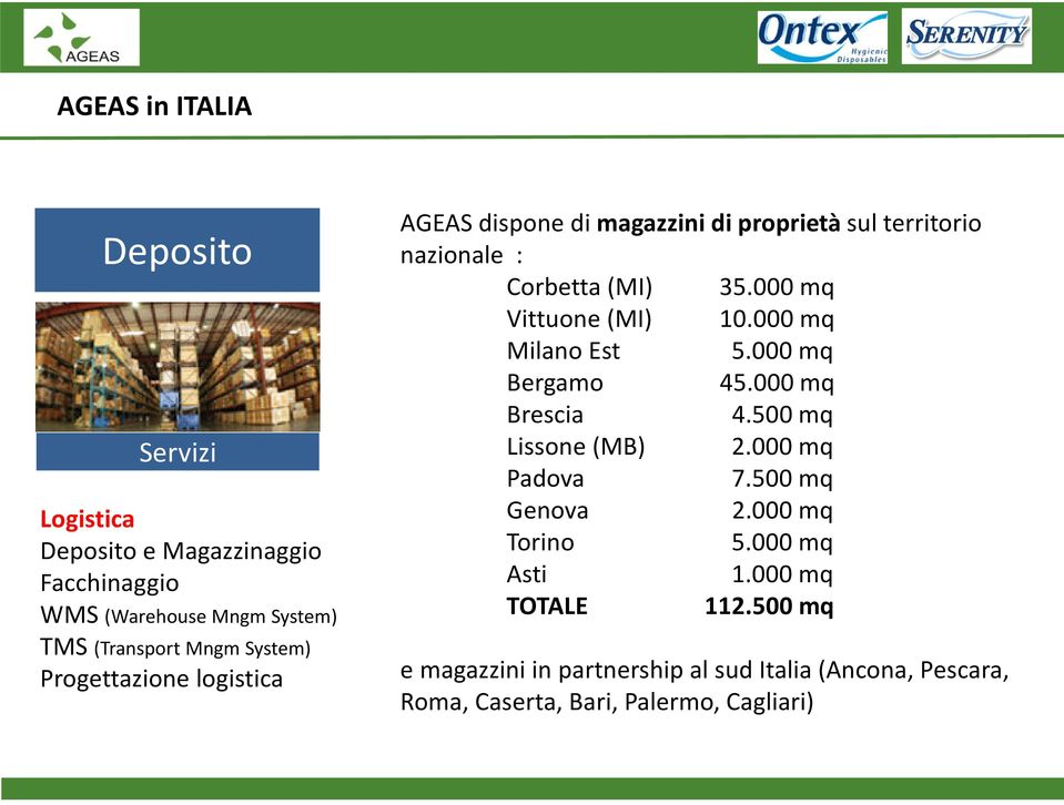 000 mq Vittuone (MI) 10.000 mq Milano Est 5.000 mq Bergamo 45.000 mq Brescia 4.500 mq Lissone (MB) 2.000 mq Padova 7.