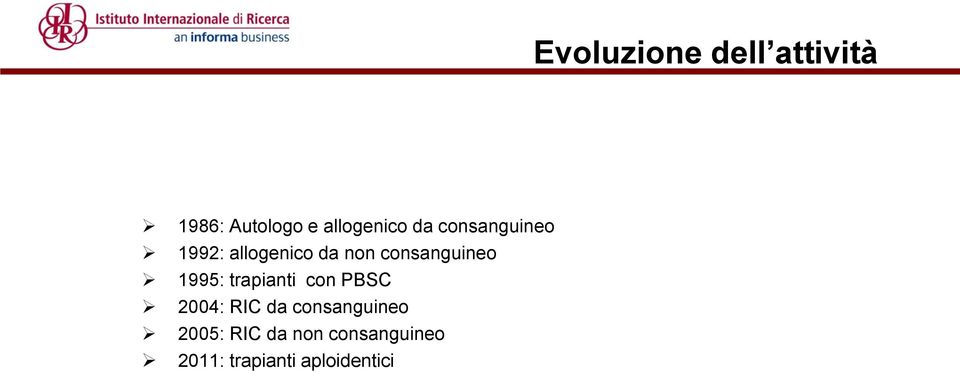 1995: trapianti con PBSC 2004: RIC da consanguineo