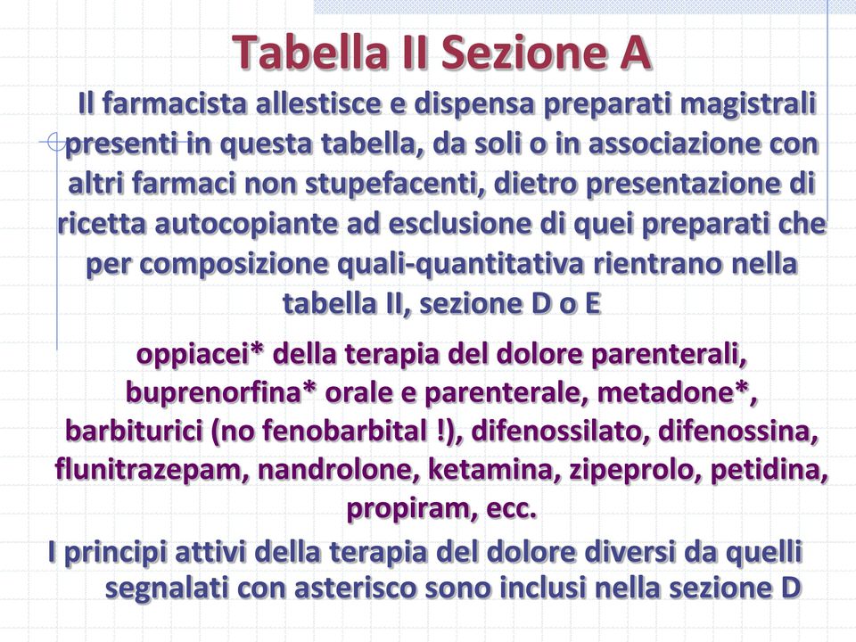 D o E oppiacei* della terapia del dolore parenterali, buprenorfina* orale e parenterale, metadone*, barbiturici (no fenobarbital!