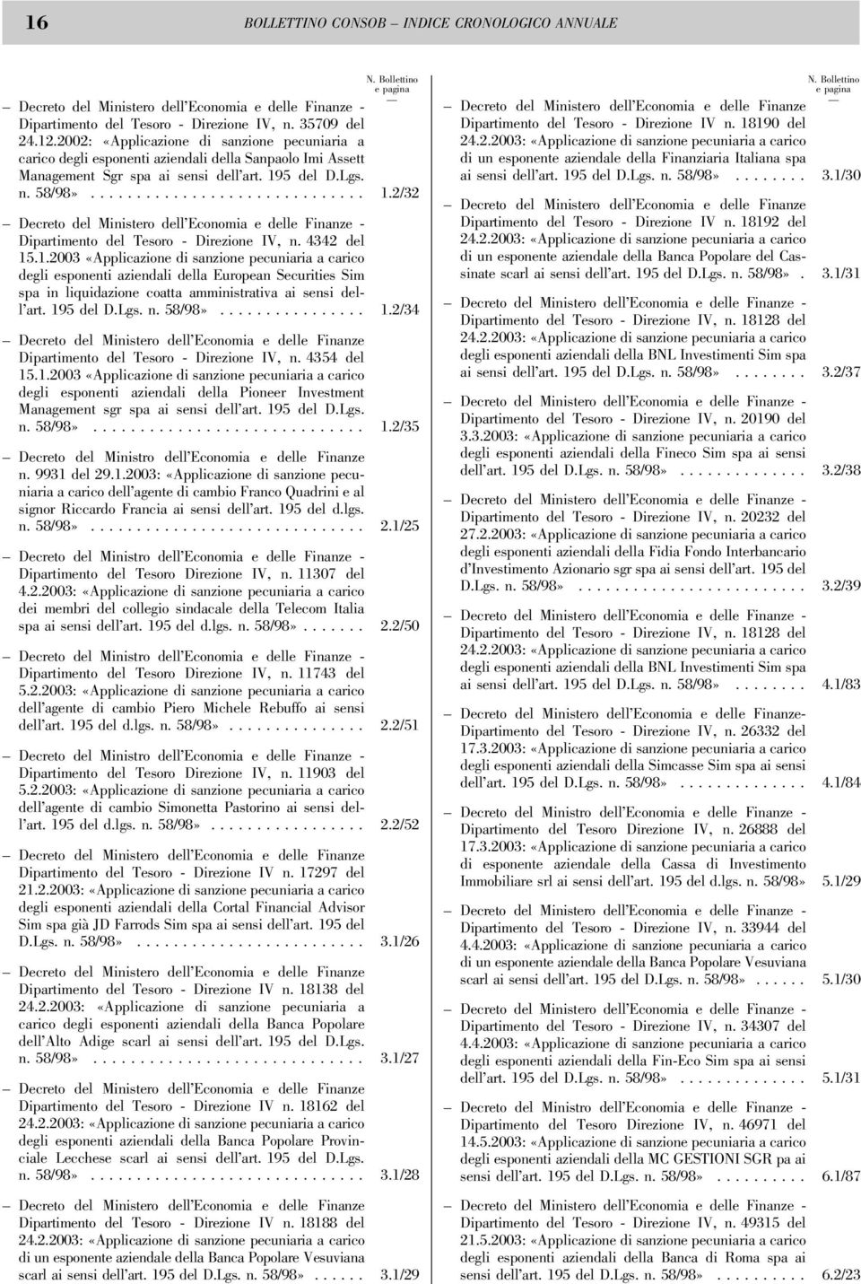 4342 del 15.1.2003 «Applicazione di sanzione pecuniaria a carico degli esponenti aziendali della European Securities Sim spa in liquidazione coatta amministrativa ai sensi dell'art. 195 del D.Lgs. n.