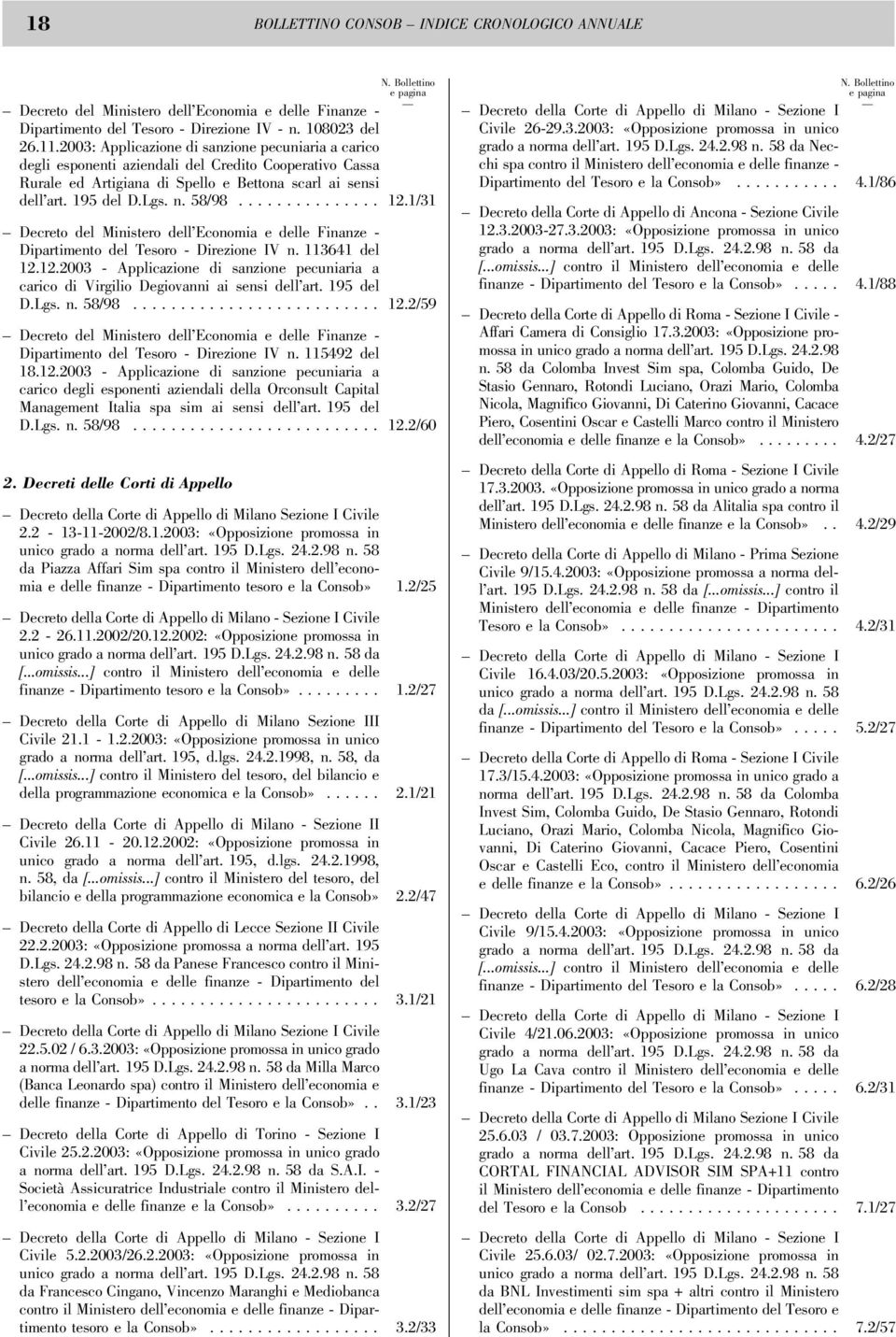 1/31 Dipartimento del Tesoro - Direzione IV n. 113641 del 12.12.2003 - Applicazione di sanzione pecuniaria a carico di Virgilio Degiovanni ai sensi dell'art. 195 del D.Lgs. n. 58/98.......................... 12.2/59 Dipartimento del Tesoro - Direzione IV n.