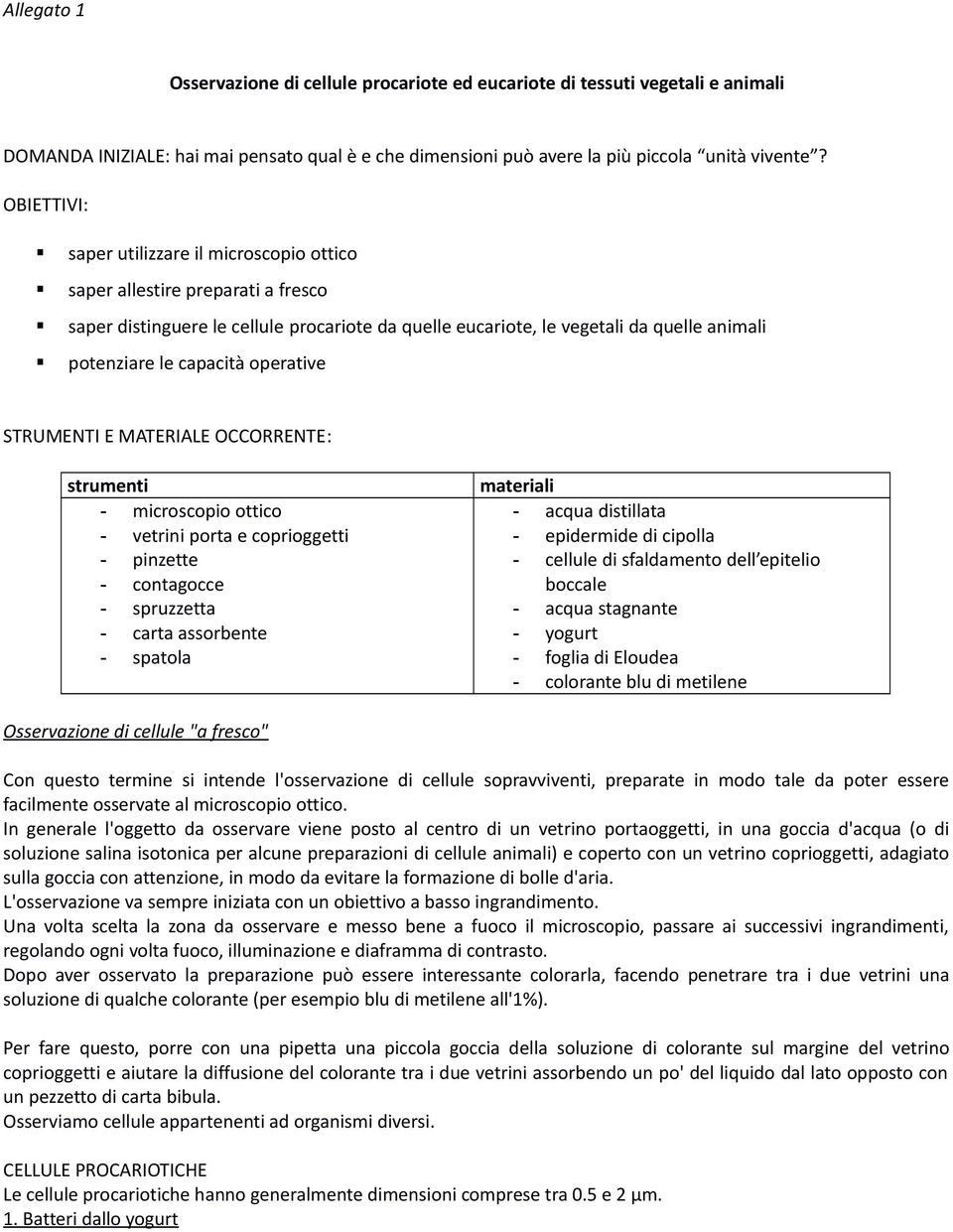 operative STRUMENTI E MATERIALE OCCORRENTE: strumenti - microscopio ottico - vetrini porta e coprioggetti - pinzette - contagocce - spruzzetta - carta assorbente - spatola materiali - acqua