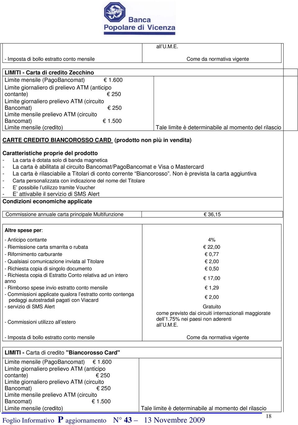 500 Limite mensile (credito) Tale limite è determinabile al momento del rilascio CARTE CREDITO BIANCOROSSO CARD (prodotto non più in vendita) - La carta è dotata solo di banda magnetica - La carta è