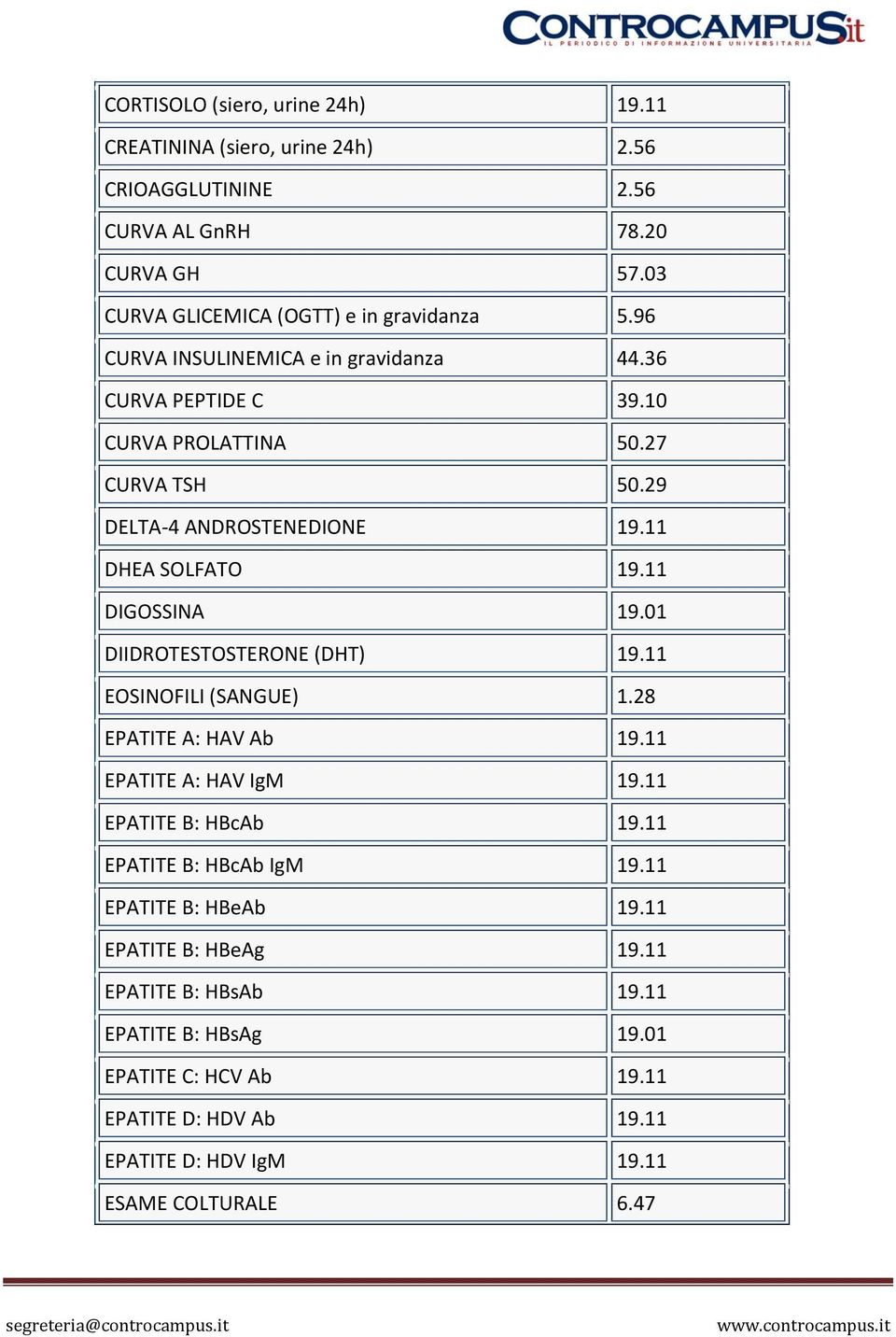 01 DIIDROTESTOSTERONE (DHT) 19.11 EOSINOFILI (SANGUE) 1.28 EPATITE A: HAV Ab 19.11 EPATITE A: HAV IgM 19.11 EPATITE B: HBcAb 19.11 EPATITE B: HBcAb IgM 19.