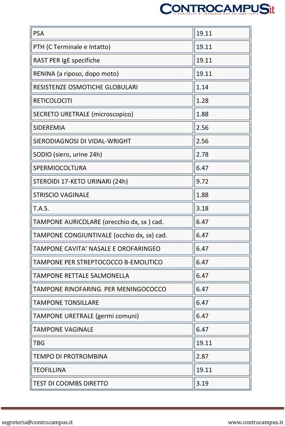 18 TAMPONE AURICOLARE (orecchio dx, sx ) cad. 6.47 TAMPONE CONGIUNTIVALE (occhio dx, sx) cad. 6.47 TAMPONE CAVITA NASALE E OROFARINGEO 6.47 TAMPONE PER STREPTOCOCCO B-EMOLITICO 6.