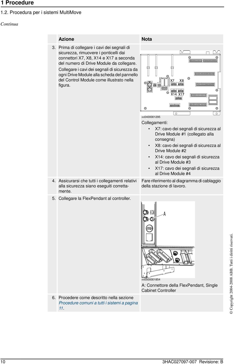 Collegare i cavi dei segnali di sicurezza da ogni Drive Module alla scheda del pannello del Control Module come illustrato nella figura. 4.