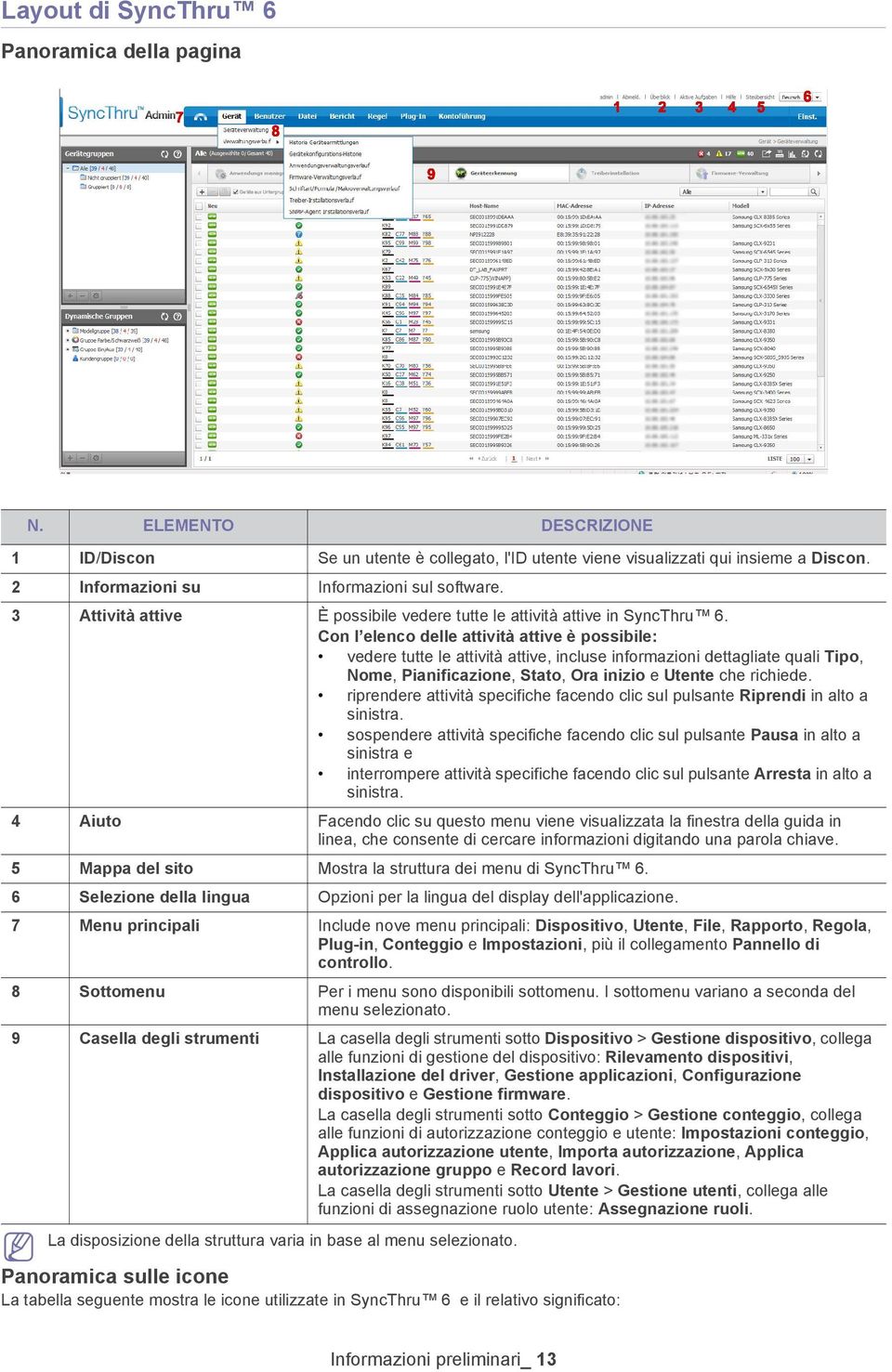 Con l elenco delle attività attive è possibile: vedere tutte le attività attive, incluse informazioni dettagliate quali Tipo, Nome, Pianificazione, Stato, Ora inizio e Utente che richiede.