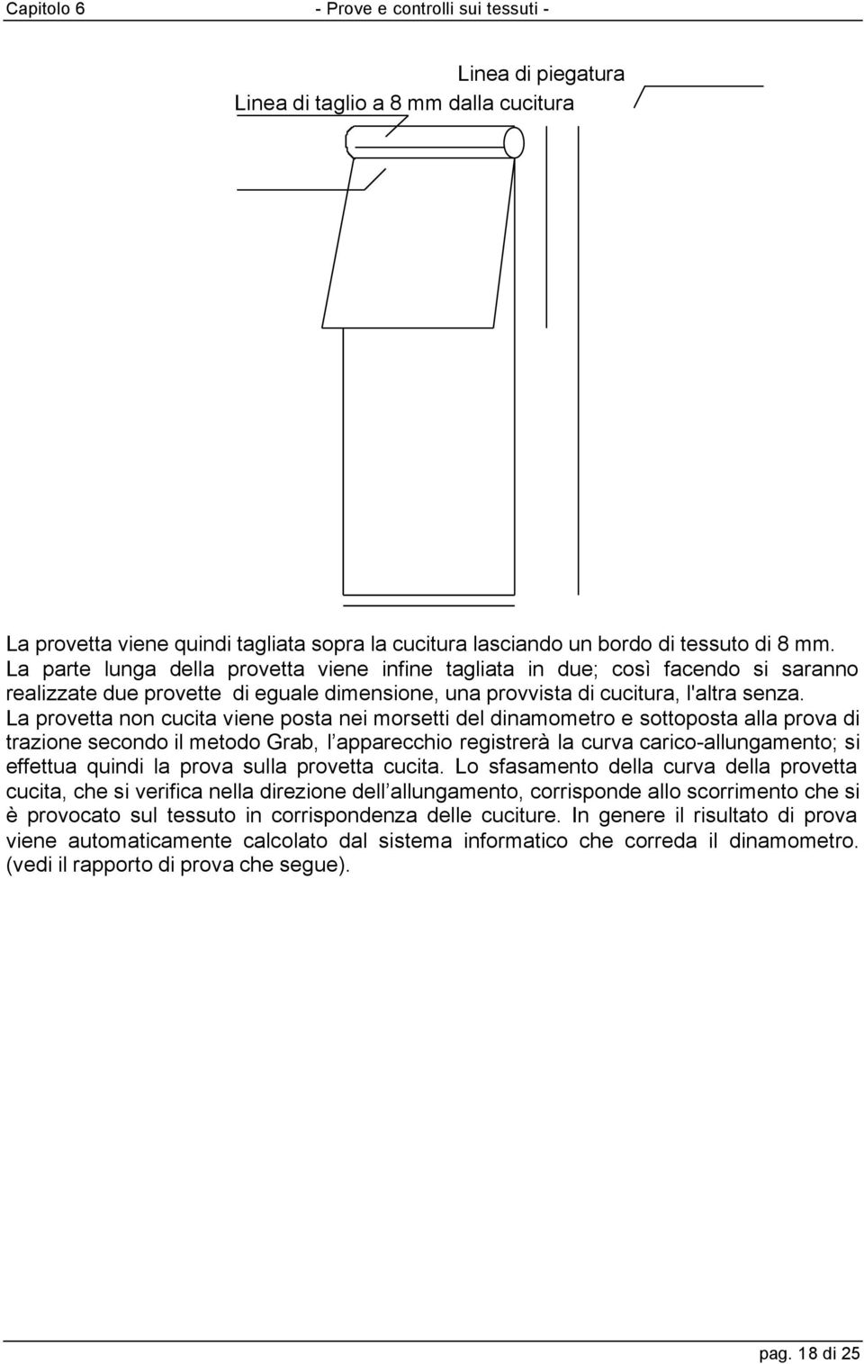 La provetta non cucita viene posta nei morsetti del dinamometro e sottoposta alla prova di trazione secondo il metodo Grab, l apparecchio registrerà la curva carico-allungamento; si effettua quindi