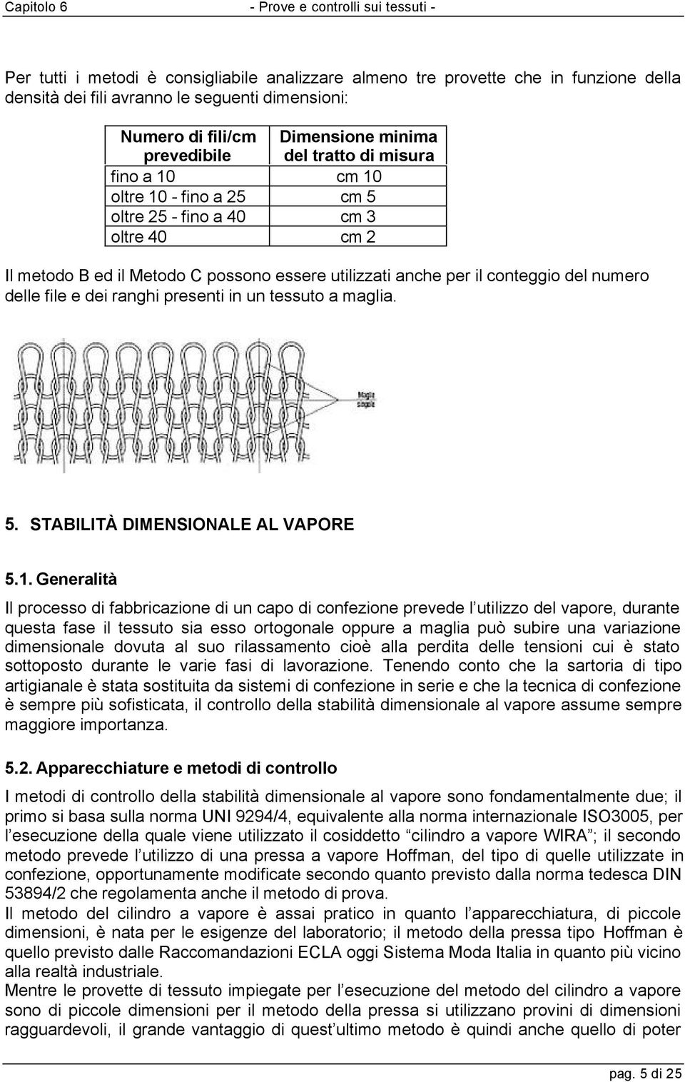 presenti in un tessuto a maglia. 5. STABILITÀ DIMENSIONALE AL VAPORE 5.1.