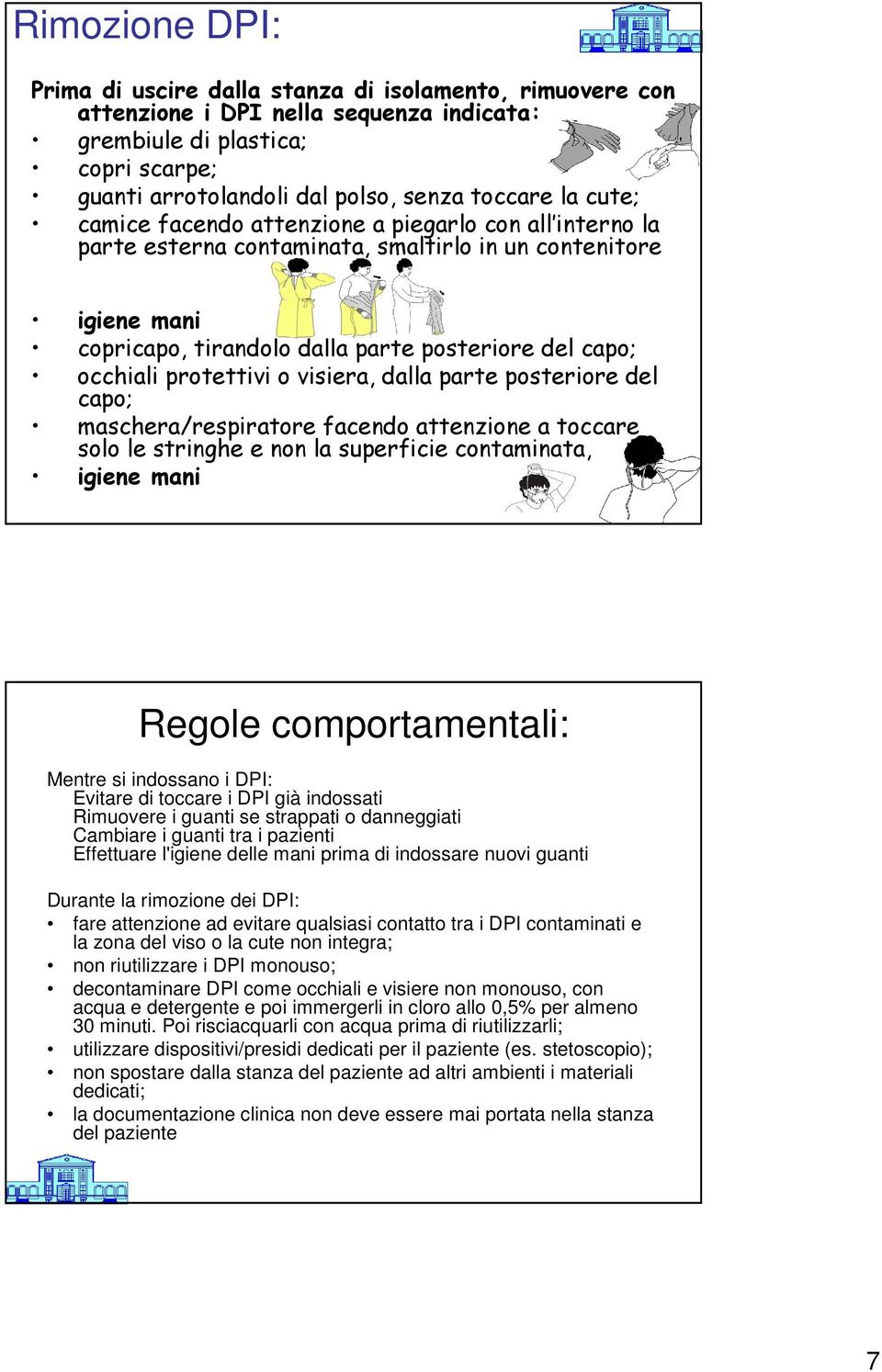 protettivi o visiera, dalla parte posteriore del capo; maschera/respiratore facendo attenzione a toccare solo le stringhe e non la superficie contaminata, igiene mani Regole comportamentali: Mentre