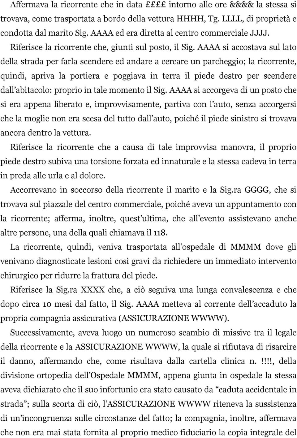 AAAA si accostava sul lato della strada per farla scendere ed andare a cercare un parcheggio; la ricorrente, quindi, apriva la portiera e poggiava in terra il piede destro per scendere dall