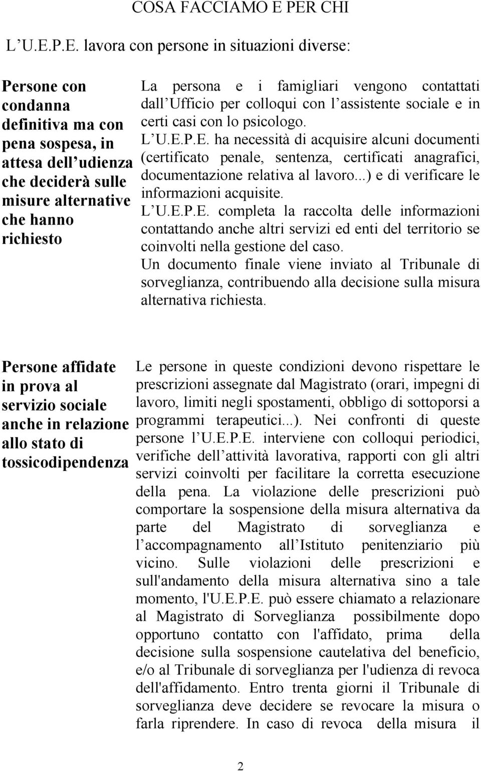 persona e i famigliari vengono contattati dall Ufficio per colloqui con l assistente sociale e in certi casi con lo psicologo. L U.E.