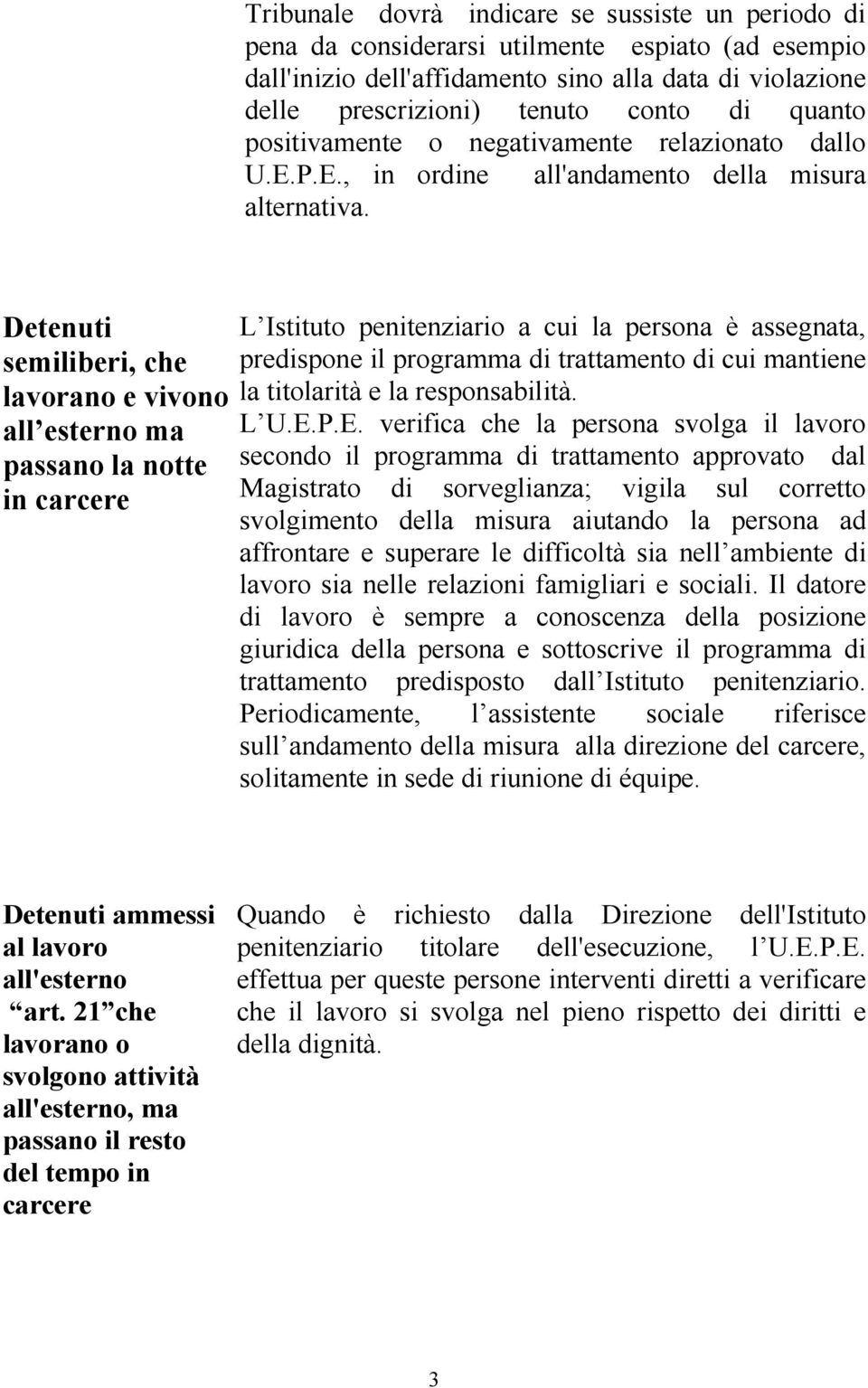 Detenuti semiliberi, che lavorano e vivono all esterno ma passano la notte in carcere L Istituto penitenziario a cui la persona è assegnata, predispone il programma di trattamento di cui mantiene la