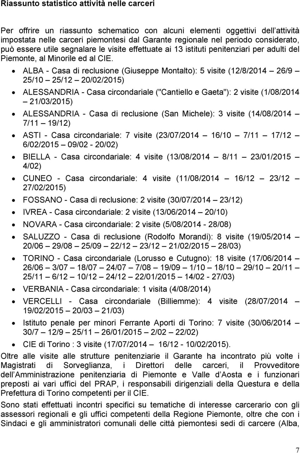 ALBA - Casa di reclusione (Giuseppe Montalto): 5 visite (12/8/2014 26/9 25/10 25/12 20/02/2015) ALESSANDRIA - Casa circondariale ("Cantiello e Gaeta"): 2 visite (1/08/2014 21/03/2015) ALESSANDRIA -