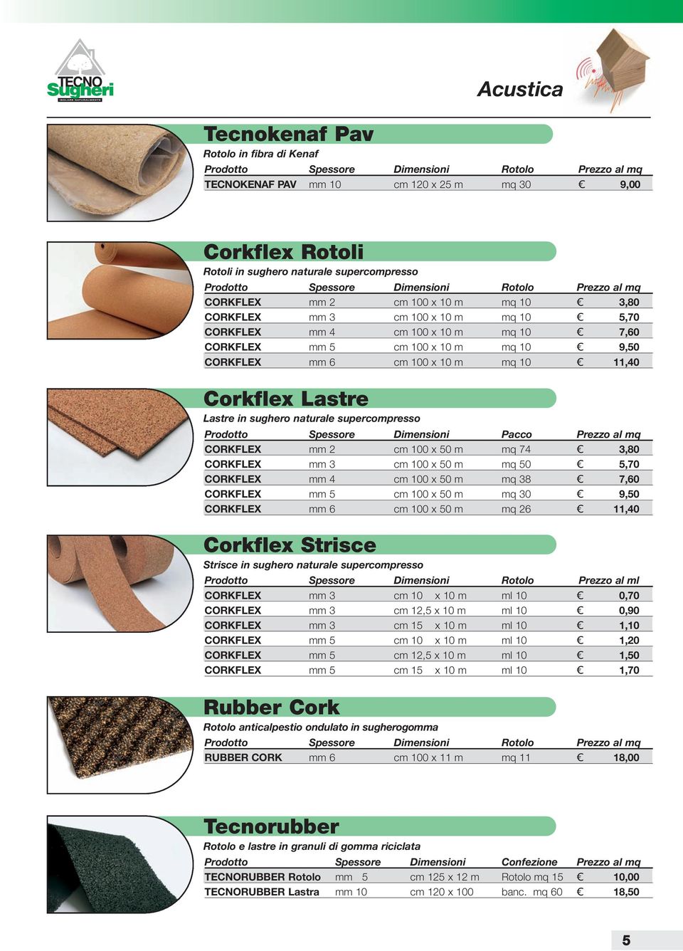 supercompresso CORKFLEX mm 2 cm 100 x 50 m mq 74 3,80 CORKFLEX mm 3 cm 100 x 50 m mq 50 5,70 CORKFLEX mm 4 cm 100 x 50 m mq 38 7,60 CORKFLEX mm 5 cm 100 x 50 m mq 30 9,50 CORKFLEX mm 6 cm 100 x 50 m