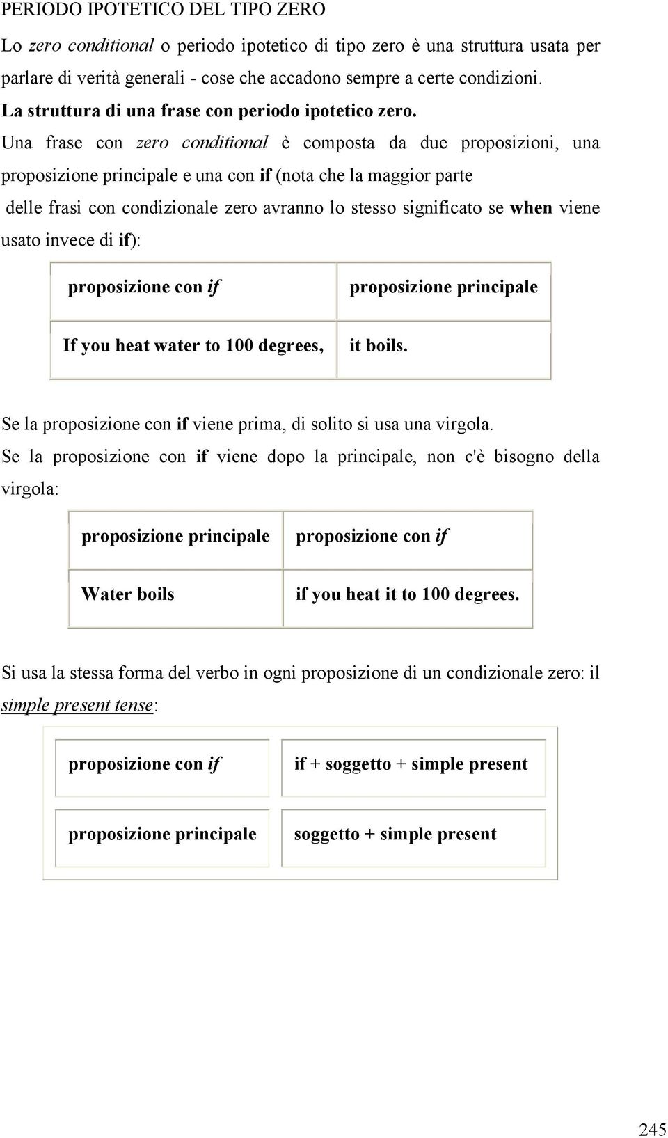 Una frase con zero conditional è composta da due proposizioni, una proposizione principale e una con if (nota che la maggior parte delle frasi con condizionale zero avranno lo stesso significato se