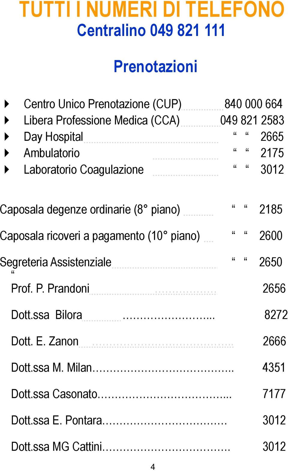 piano) 2185 Caposala ricoveri a pagamento (10 piano) 2600 Segreteria Assistenziale 2650 Prof. P. Prandoni 2656 Dott.ssa Bilora.
