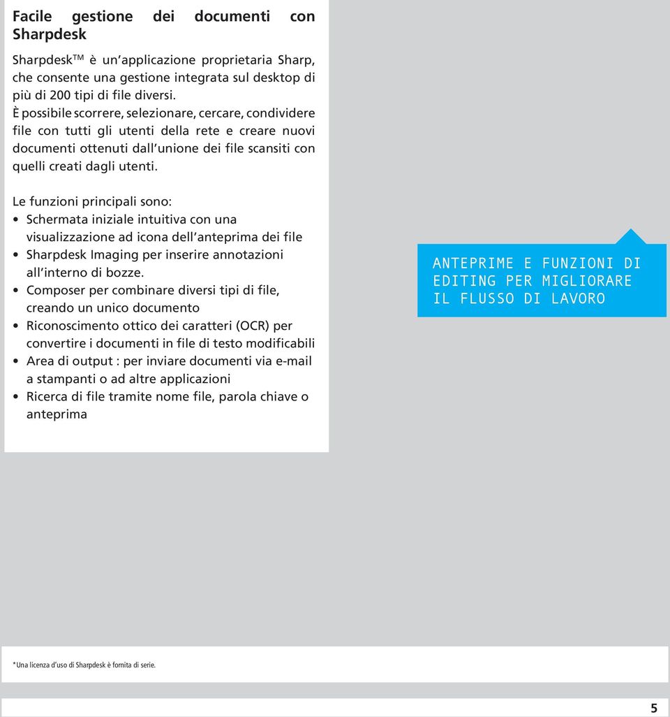 Le funzioni principali sono: Schermata iniziale intuitiva con una visualizzazione ad icona dell anteprima dei file Sharpdesk Imaging per inserire annotazioni all interno di bozze.