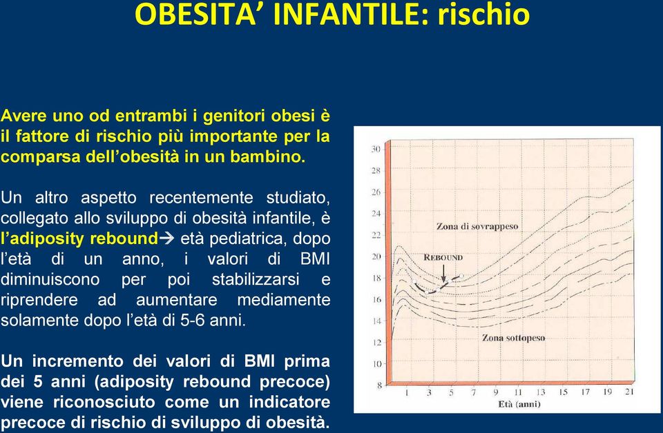 Un altro aspetto recentemente studiato, collegato allo sviluppo di obesità infantile, è l adiposity rebound età pediatrica, dopo l età di un