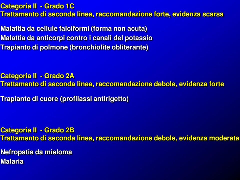 Categoria II - Grado 2A Trattamento di seconda linea, raccomandazione debole, evidenza forte Trapianto di cuore (profilassi