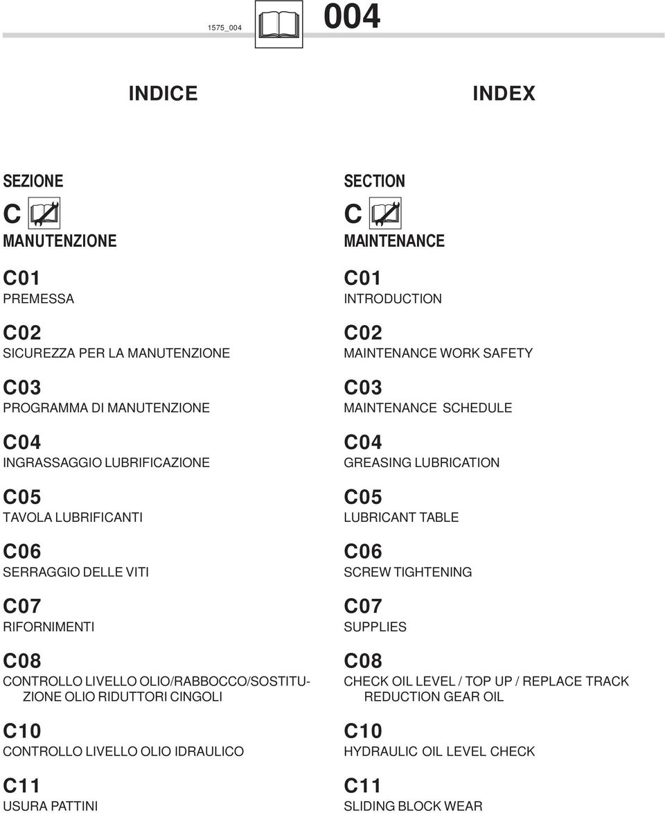 LIVELLO OLIO IDRAULICO C11 USURA PATTINI SECTION C MAINTENANCE C01 INTRODUCTION C02 MAINTENANCE WORK SAFETY C03 MAINTENANCE SCHEDULE C04 GREASING LUBRICATION