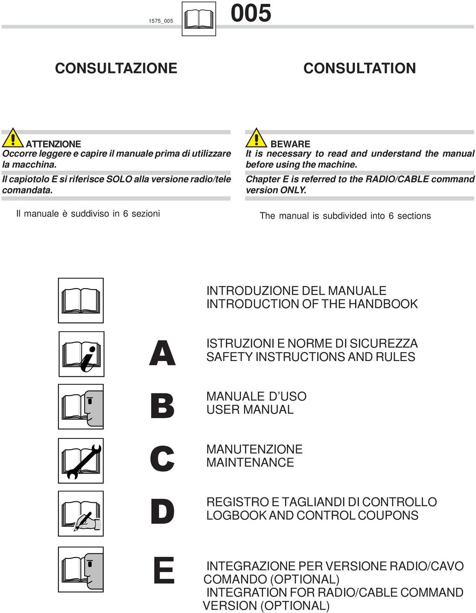 The manual is subdivided into 6 sections INTRODUZIONE DEL MANUALE INTRODUCTION OF THE HANDBOOK A ISTRUZIONI B MANUALE E NORME DI SICUREZZA SAFETY INSTRUCTIONS AND RULES D USO USER MANUAL C