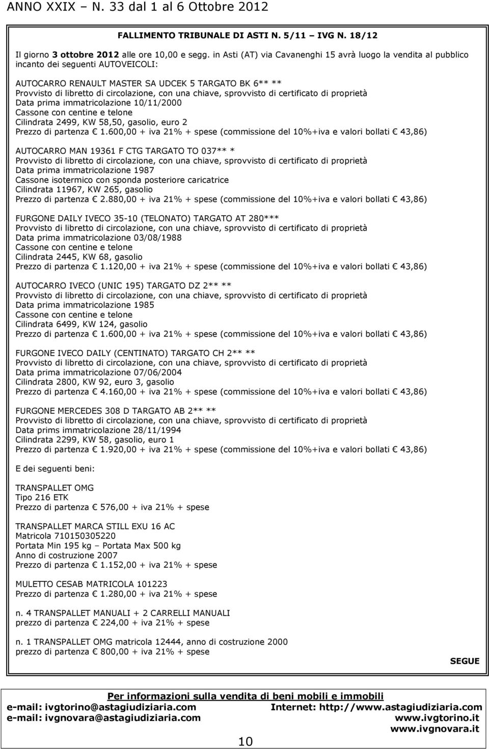 chiave, sprovvisto di certificato di proprietà Data prima immatricolazione 10/11/2000 Cassone con centine e telone Cilindrata 2499, KW 58,50, gasolio, euro 2 Prezzo di partenza 1.