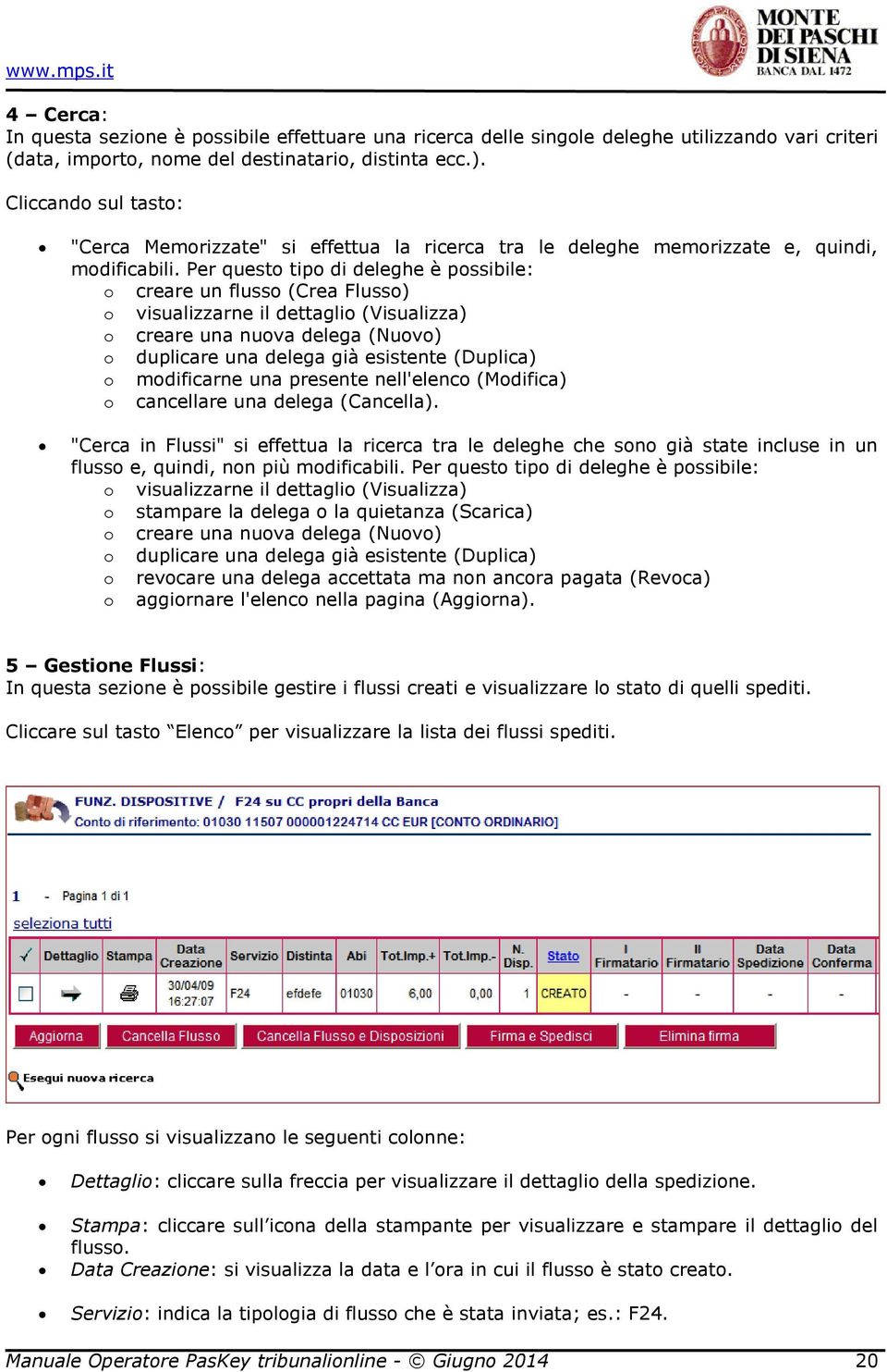 Per questo tipo di deleghe è possibile: o creare un flusso (Crea Flusso) o visualizzarne il dettaglio (Visualizza) o creare una nuova delega (Nuovo) o duplicare una delega già esistente (Duplica) o