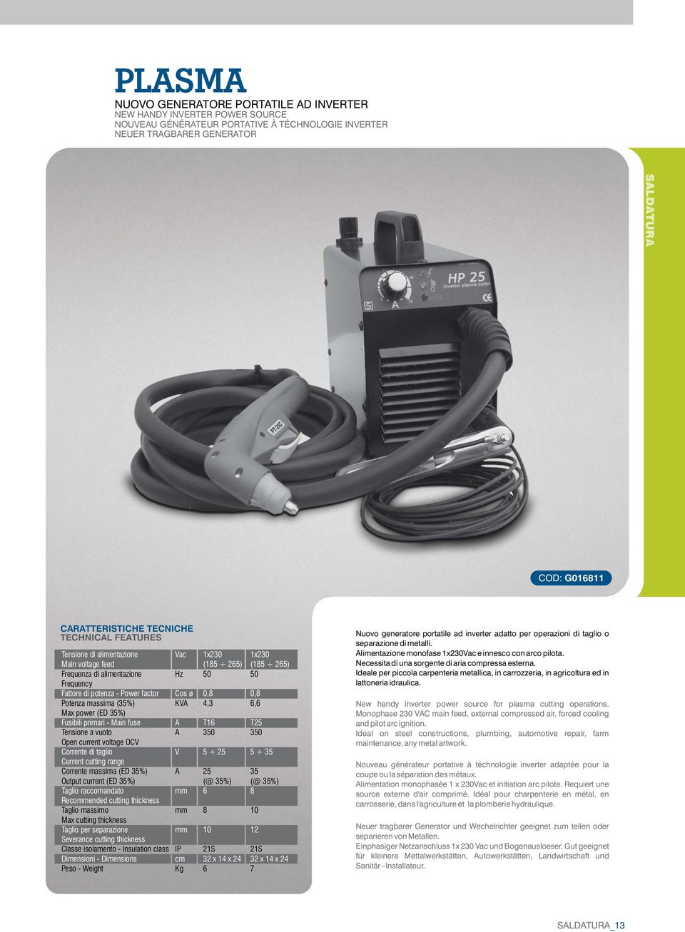 Fusibili primari - Main fuse A Tensione a vuoto A Open current voltage OCV Corrente di taglio V Current cutting range Corrente massima (ED 35%) A Output current (ED 35%) Taglio raccomandato mm