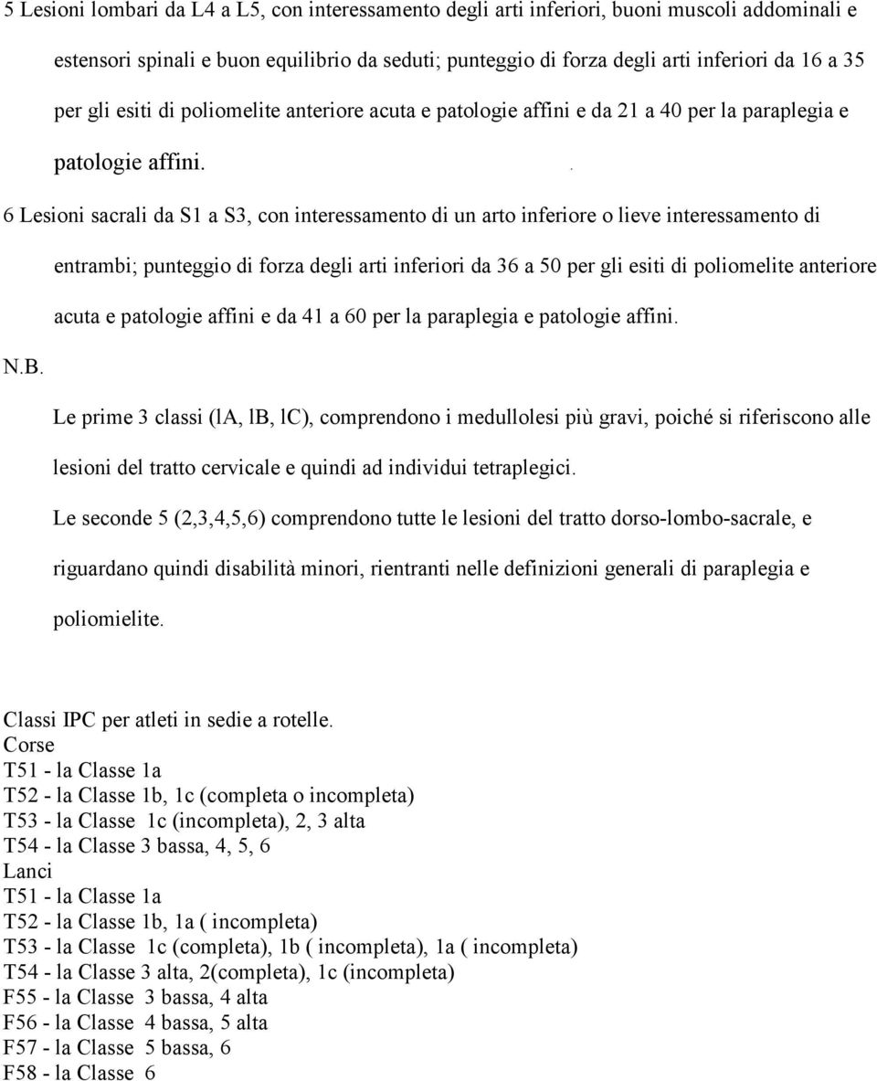 . 6 Lesioni sacrali da S1 a S3, con interessamento di un arto inferiore o lieve interessamento di entrambi; punteggio di forza degli arti inferiori da 36 a 50 per gli esiti di poliomelite anteriore