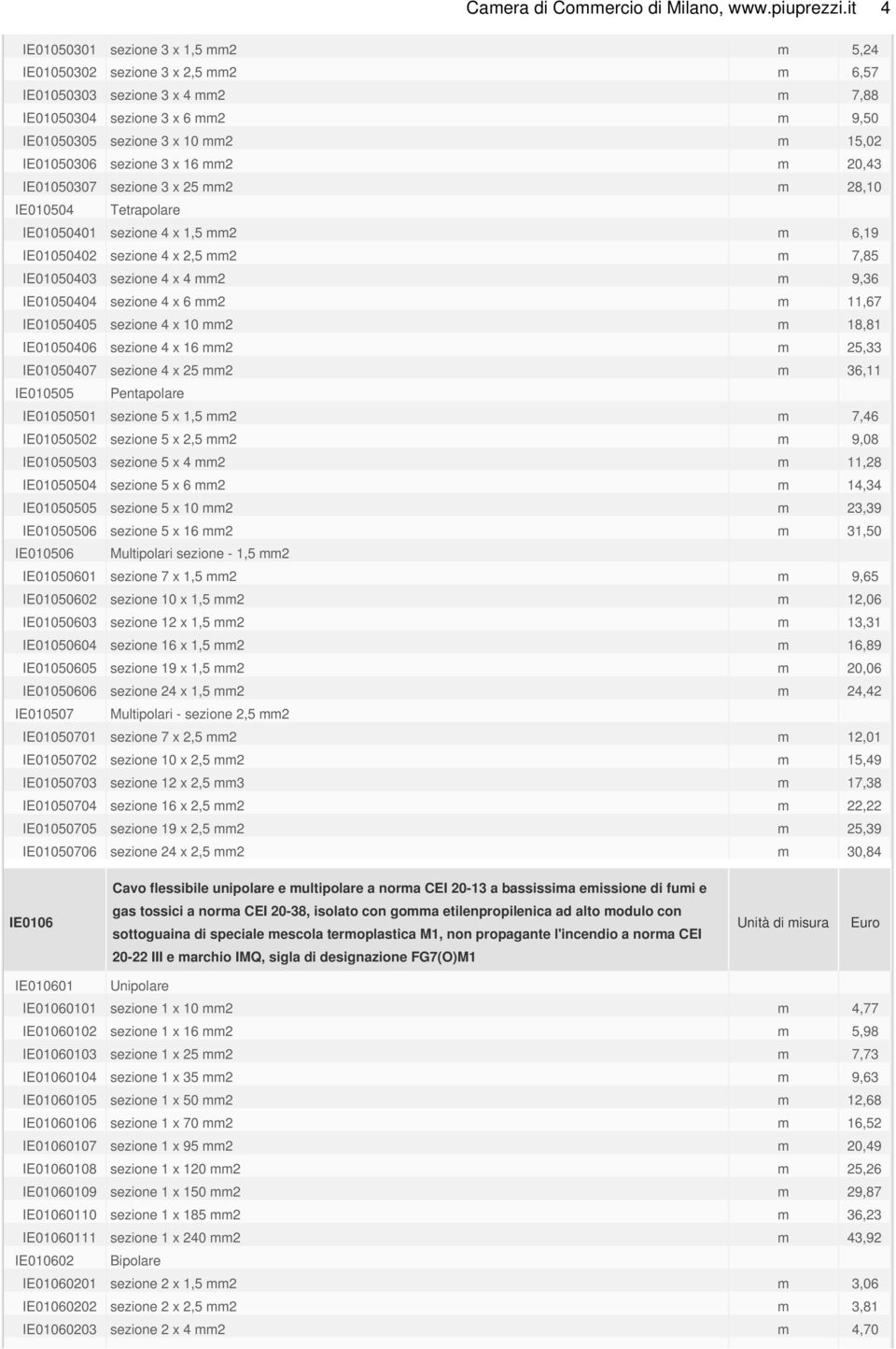 IE01050306 sezione 3 x 16 mm2 m 20,43 IE01050307 sezione 3 x 25 mm2 m 28,10 IE010504 Tetrapolare IE01050401 sezione 4 x 1,5 mm2 m 6,19 IE01050402 sezione 4 x 2,5 mm2 m 7,85 IE01050403 sezione 4 x 4