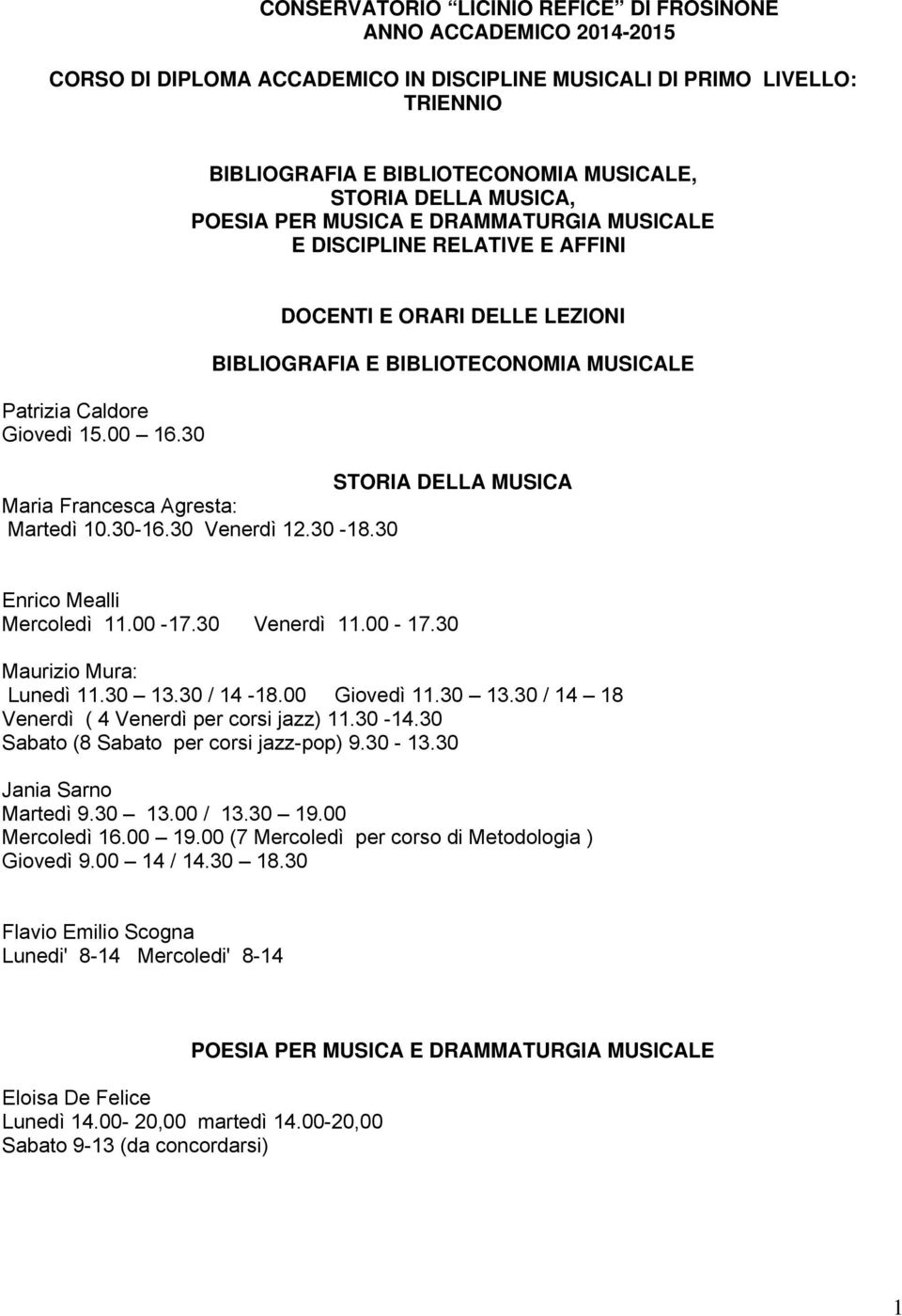 30 DOCENTI E ORARI DELLE LEZIONI BIBLIOGRAFIA E BIBLIOTECONOMIA MUSICALE STORIA DELLA MUSICA Maria Francesca Agresta: Martedì 10.30-16.30 Venerdì 12.30-18.30 Enrico Mealli Mercoledì 11.00-17.