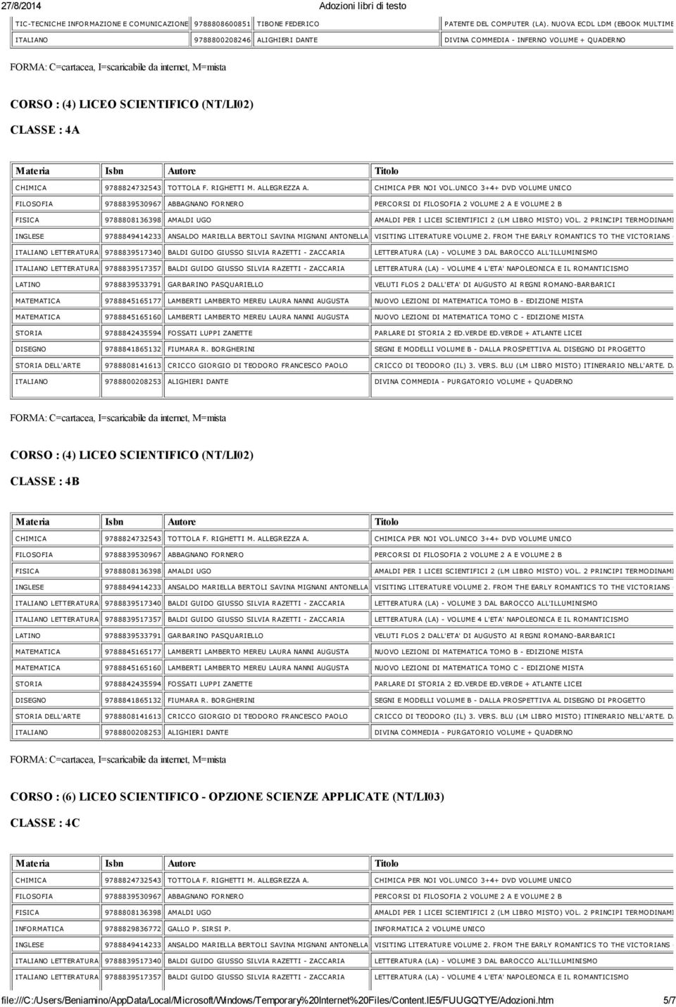 4A CLASSE : 4B CORSO : (6) LICEO SCIENTIFICO - OPZIONE SCIENZE APPLICATE (NT/LI03) CLASSE : 4C INFORMATICA 9788829836772 GALLO P.