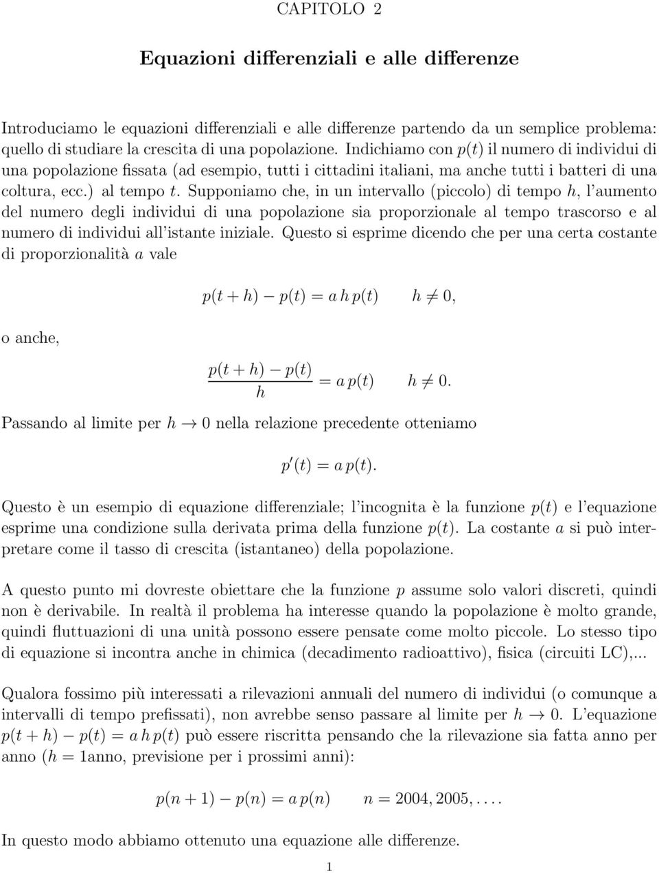 Supponiamo che, in un intervallo (piccolo) di tempo h, l aumento del numero degli individui di una popolazione sia proporzionale al tempo trascorso e al numero di individui all istante iniziale.