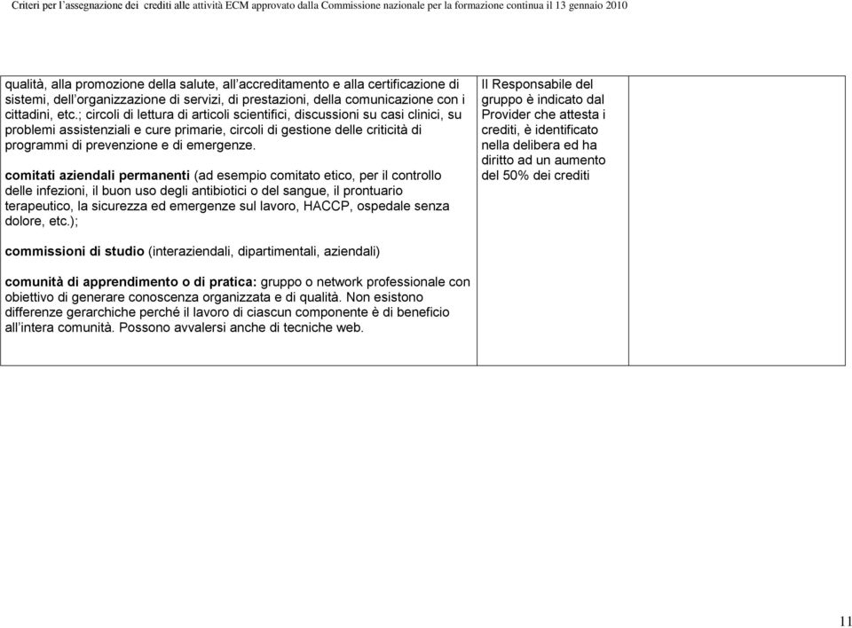 comitati aziendali permanenti (ad esempio comitato etico, per il controllo delle infezioni, il buon uso degli antibiotici o del sangue, il prontuario terapeutico, la sicurezza ed emergenze sul