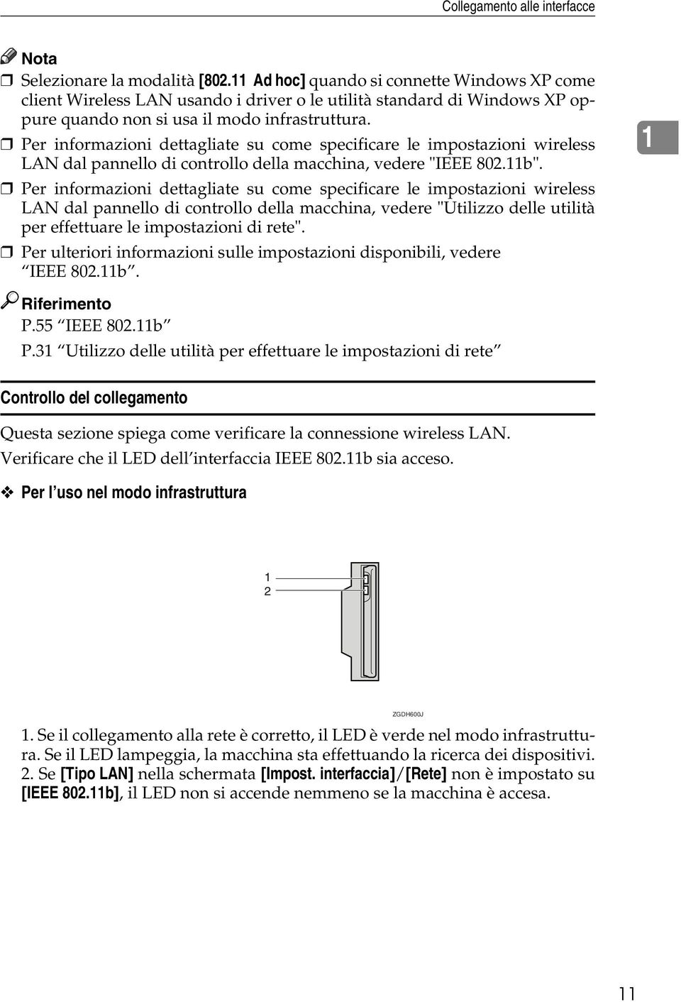 Per informazioni dettagliate su come specificare le impostazioni wireless LAN dal pannello di controllo della macchina, vedere "IEEE 802.11b".