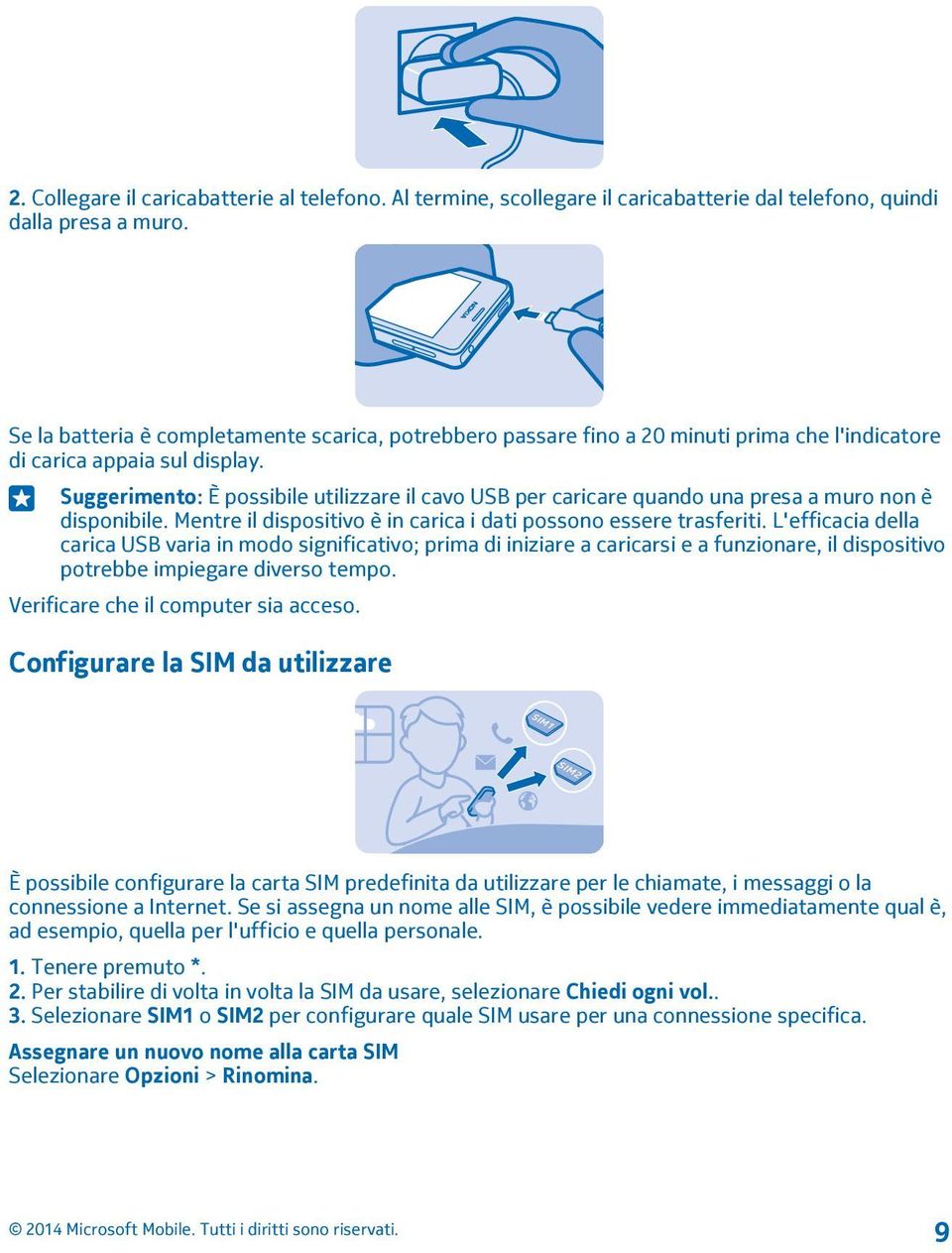 Suggerimento: È possibile utilizzare il cavo USB per caricare quando una presa a muro non è disponibile. Mentre il dispositivo è in carica i dati possono essere trasferiti.