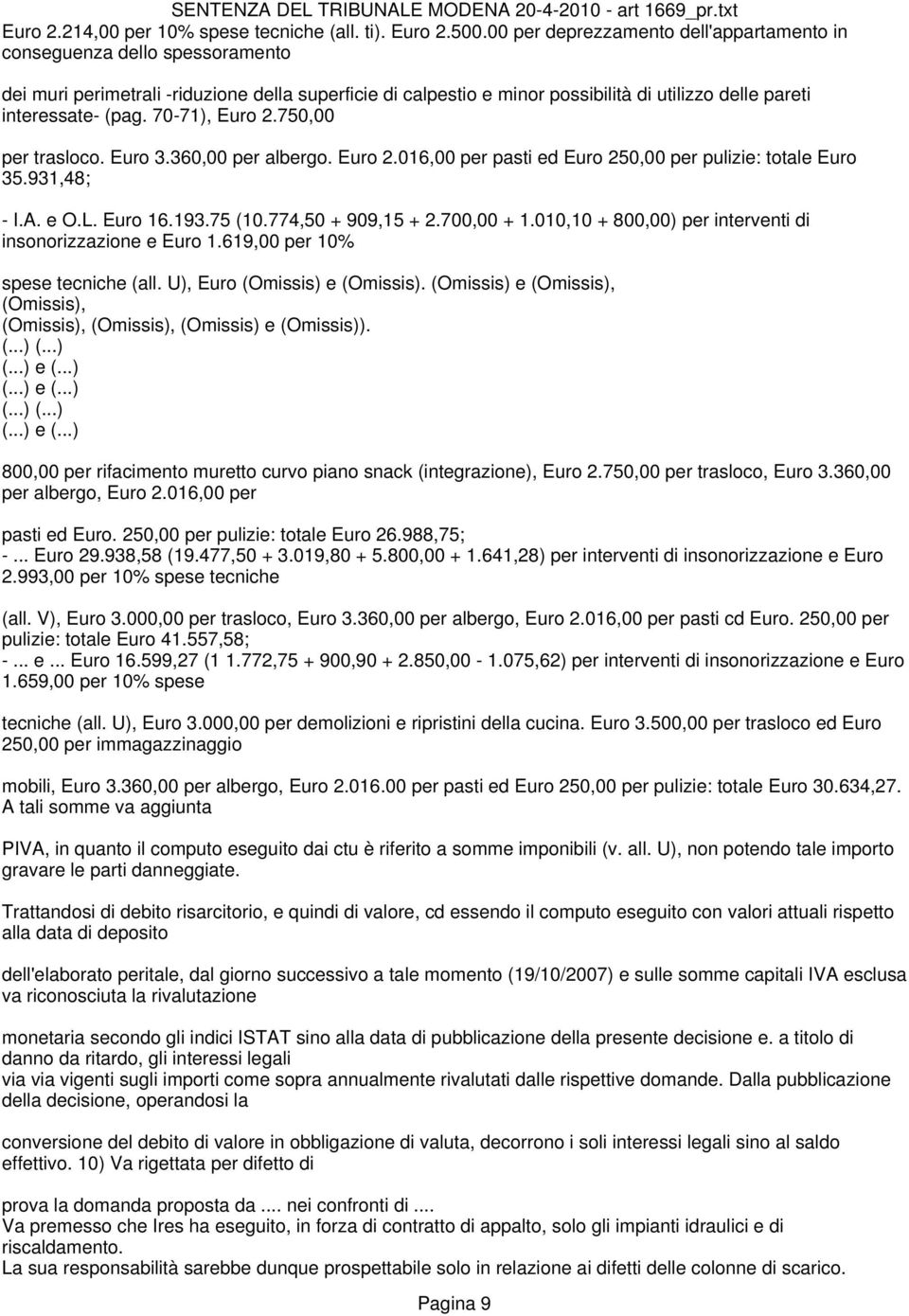 70-71), Euro 2.750,00 per trasloco. Euro 3.360,00 per albergo. Euro 2.016,00 per pasti ed Euro 250,00 per pulizie: totale Euro 35.931,48; - I.A. e O.L. Euro 16.193.75 (10.774,50 + 909,15 + 2.