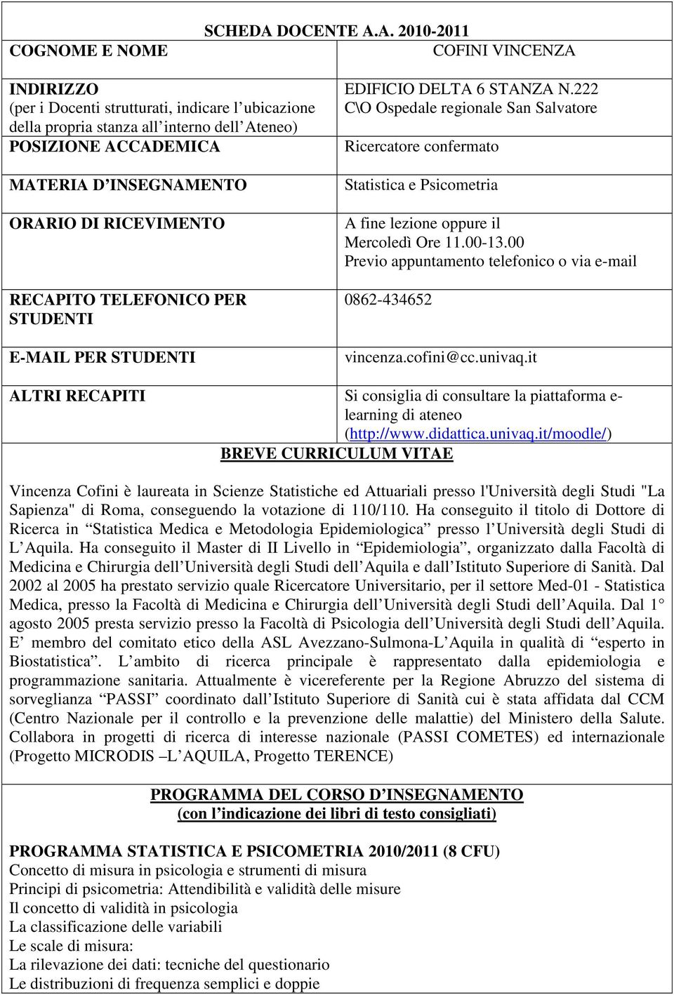 A. 2010-2011 COFINI VINCENZA INDIRIZZO (per i Docenti strutturati, indicare l ubicazione della propria stanza all interno dell Ateneo) POSIZIONE ACCADEMICA MATERIA D INSEGNAMENTO ORARIO DI