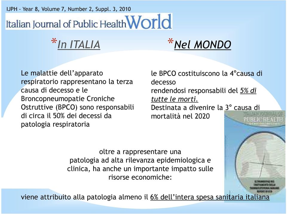 sono responsabili di circa il 50% dei decessi da patologia respiratoria le BPCO costituiscono la 4 causa di decesso rendendosi responsabili del 5% di tutte le