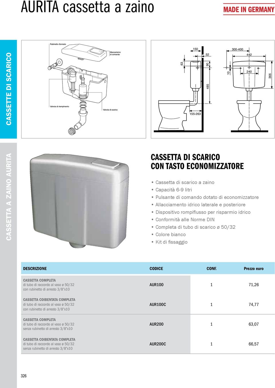 50/32 Colore bianco Kit di fissaggio DESCRIZIONE Cassetta completa di tubo di raccordo al vaso ø 50/32 con rubinetto di arresto 3/8 x10 AUR100 1 71,26 Cassetta COIBENTATA completa di tubo di raccordo