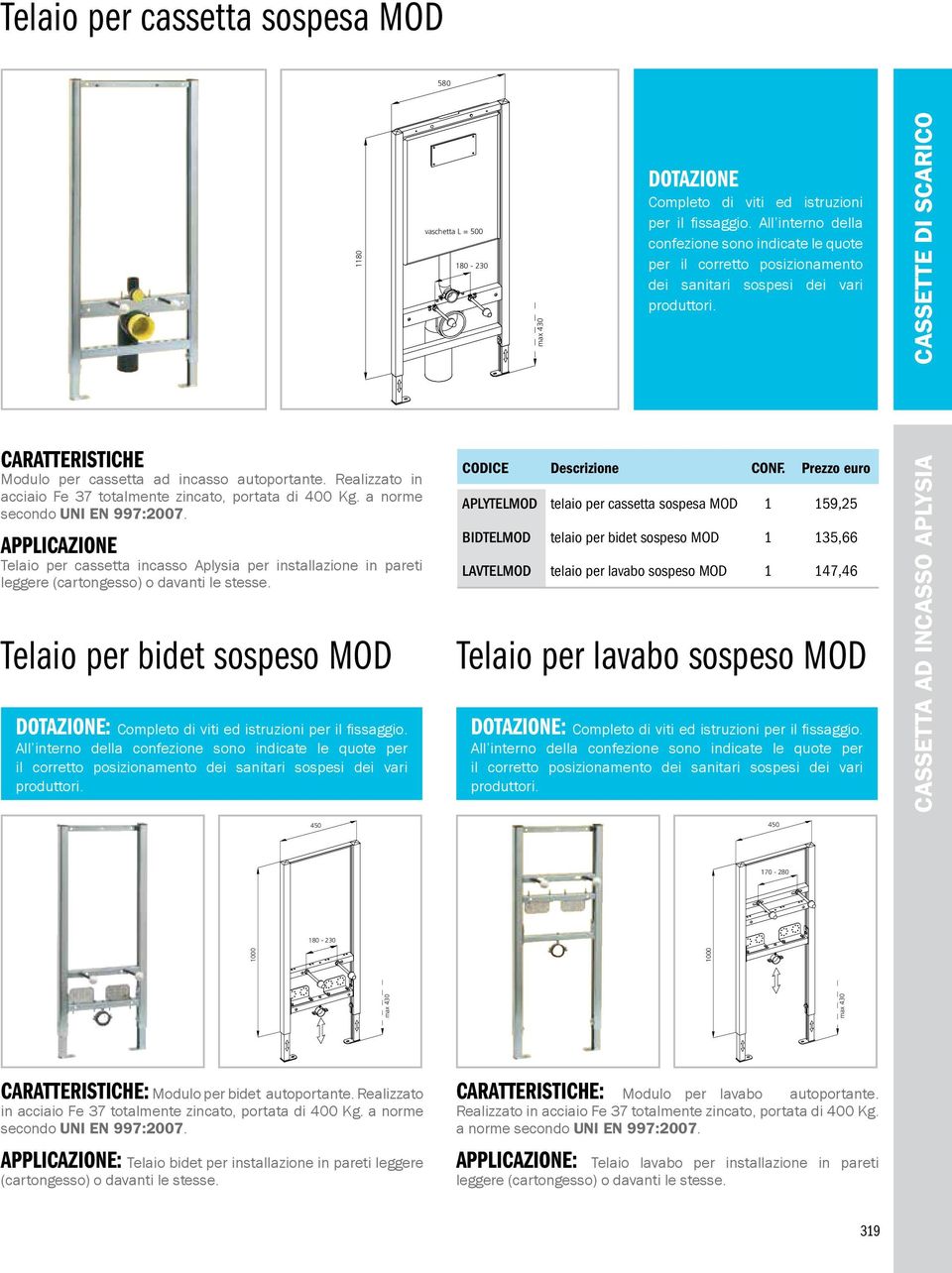 All interno della confezione sono indicate le quote per il corretto posizionamento dei sanitari sospesi dei vari produttori.