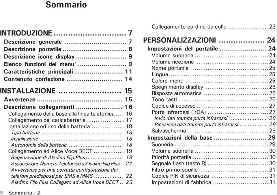 .. 18 Tipo batteria... 18 Installazione... 18 Autonomia della batteria... 18 Collegamento ad Alice Voce DECT... 19 Registrazione di Aladino Flip Plus.