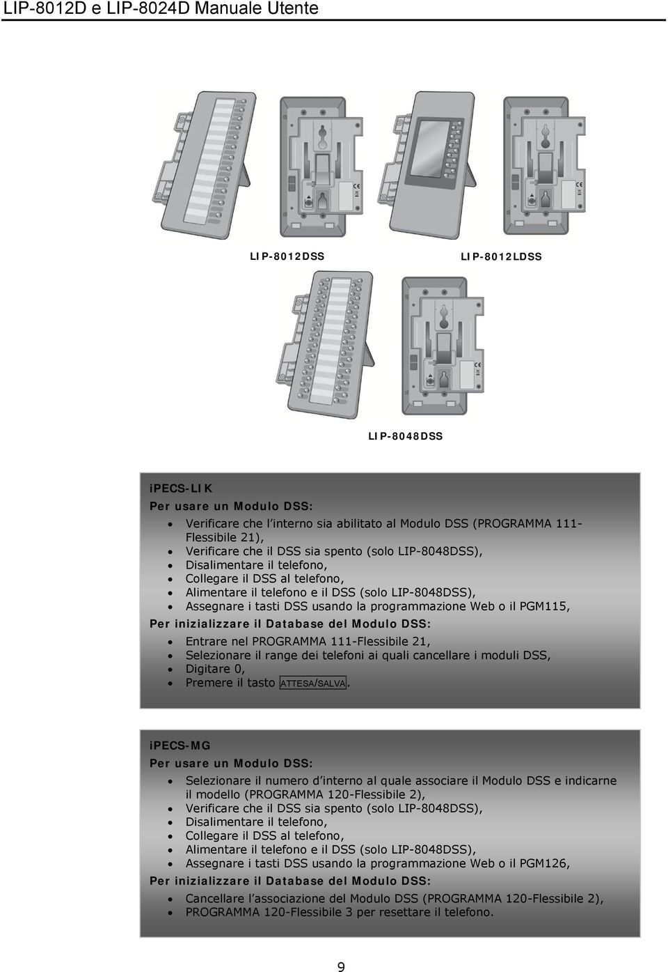 inizializzare il Database del Modulo DSS: Entrare nel PROGRAMMA 111-Flessibile 21, Selezionare il range dei telefoni ai quali cancellare LIP-7016D i moduli & 7024D DSS, Digitare 0, Premere il tasto